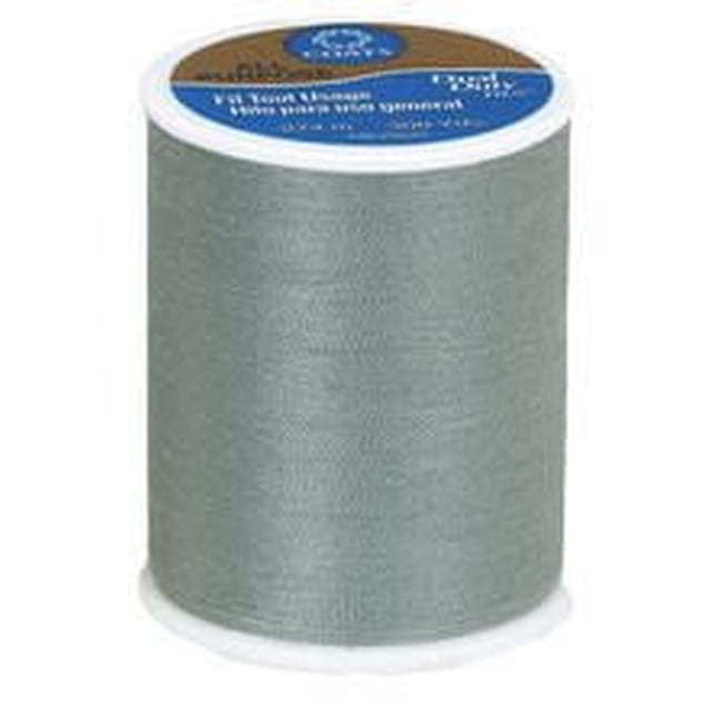 Coats & Clark™ All Purpose 100% Polyester Thread, 300 Yards spool in light grey, medium-weight core-spun polyester thread for durable seams on woven or knit fabrics, suitable for machine or hand sewing, with a white plastic base and a blue and white label on top.