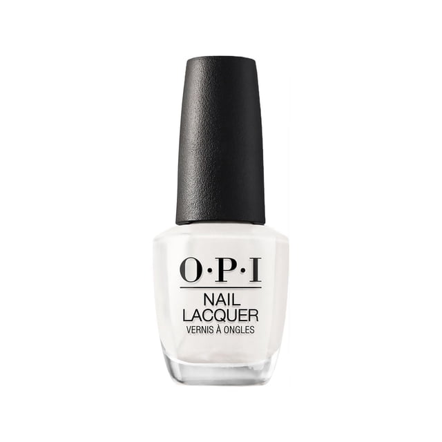OPI Bouteille de Vernis à Ongles Blanche avec Bouchon Texturé Noir, Contenant en Verre Transparent Orienté vers l'Avant Montrant le Nom de Marque et les Détails du Produit, Conçu pour une Manucure Lisse et Lustrée avec Résistance aux Éclats et Séchage Rapide.