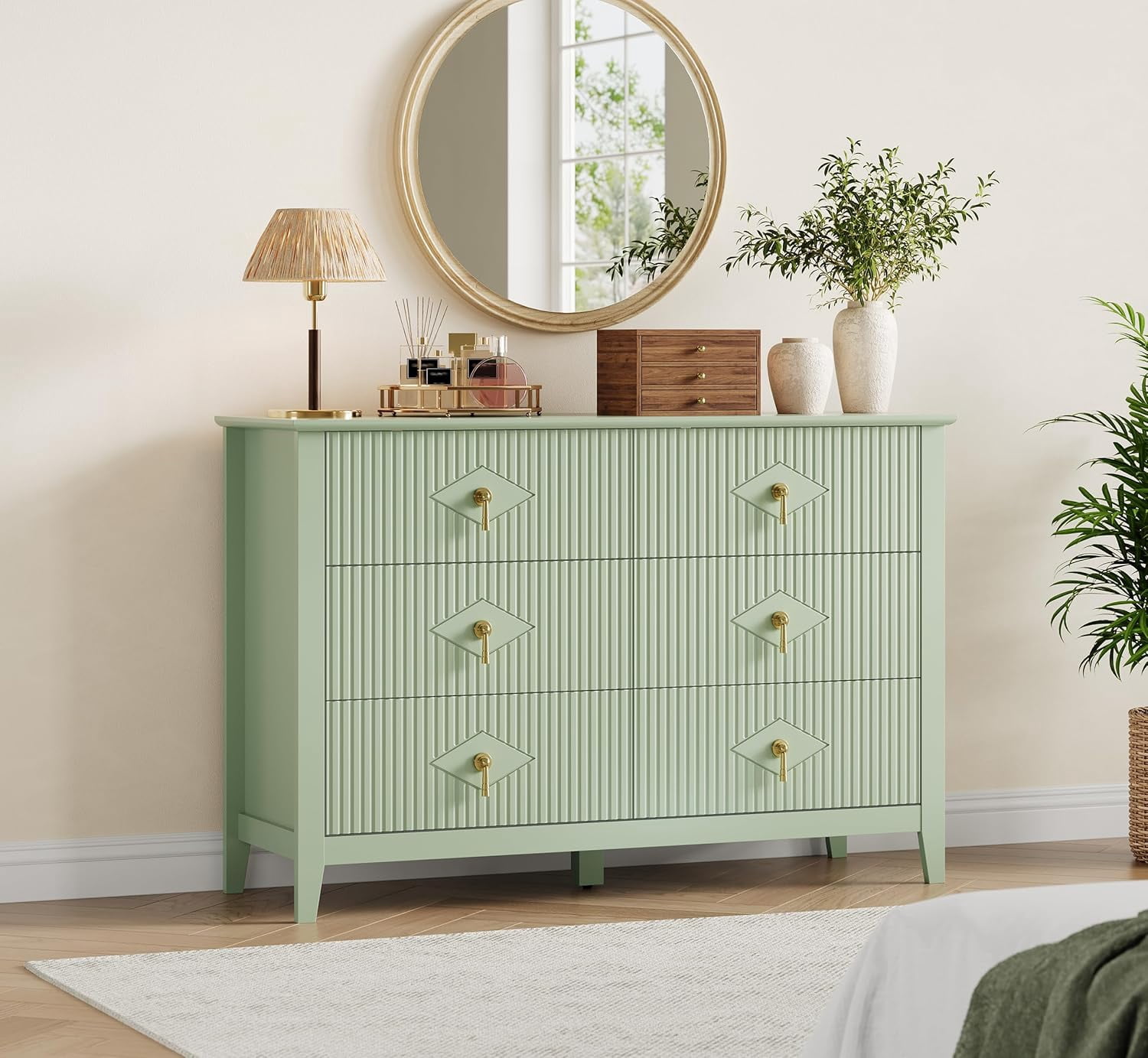 Dresser for Bedroom with 6 Drawers, 48 in Wide Modern Chest of Drawers with Metal Handle, Dresser TV Stand, Wood Drawer Organizer for Bedroom, Living Room, Hallway