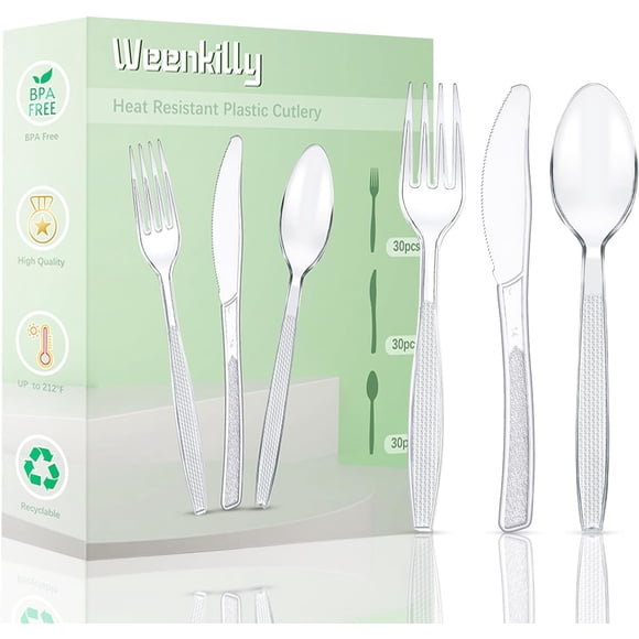 Ensemble de Couverts en Plastique 90 Pcs, 30 Fourchettes en Plastique, Couteaux et Cuillères en Plastique, Couverts en Plastique Réutilisables Transparents et Robustes Ensembles de Couverts pour Fête d'Anniversaire Barbecue Fête Mariage Etc. (Transparent)
