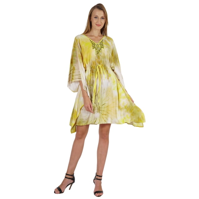 Bimba Printed Caftan Gown Maxi Robe Dress For Women Beachwear Short Swimsuit Cover Up