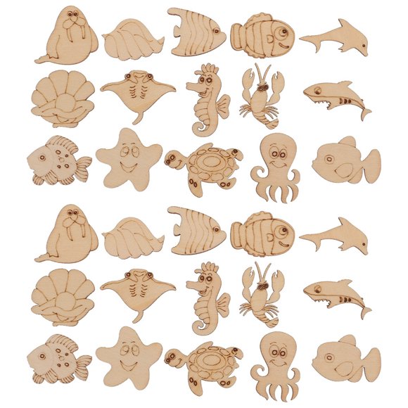 KAKOWELY DIY Ocean Animal Shaped Wood Slice Craft Cutouts for HandPainted Projects Light Yellow 200pcs,1.18"X0.98"X0.12"