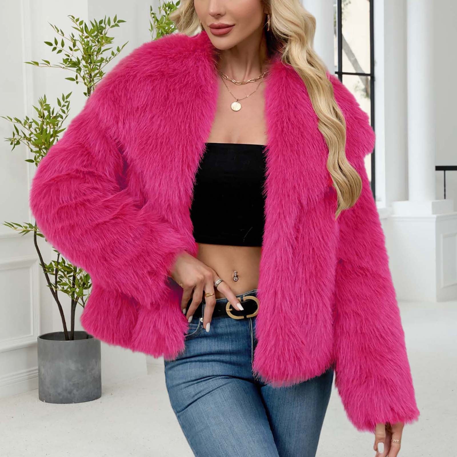 yoeyez Faux Fur Coat Jacket Women Cropped Winter Outerwear Long