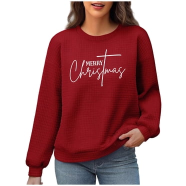 Lcziwo Christmas Waffle Knit Sweatshirt Women Casual Fashion Crew Neck Pullovers Oversized Long Sleeve Fall Xmas Tops Funny Graphic Printing Shirts Red,M