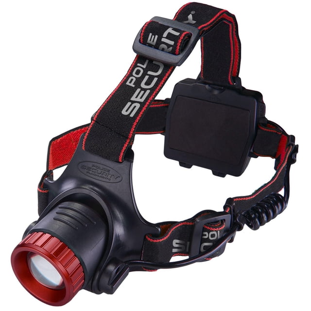 Police Security Lookout Headlamp with black and red adjustable straps featuring Police Security branding, a pivoting black headlamp housing with a red slide focus bezel, and a rear battery pack connected by a coiled wire, suitable for versatile hands-free lighting in camping and outdoor activities.