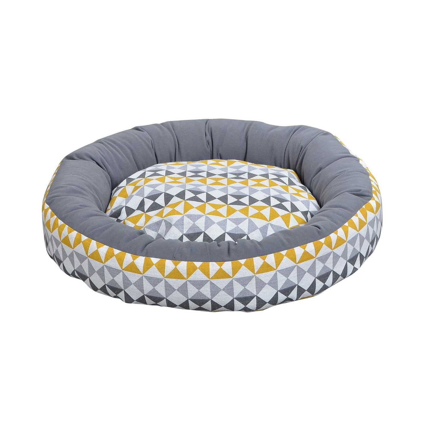 Vibrant Life 20" Round Calming Cat and Dog Bed with Geometry Patten, Grayand Yellow, 20" x 20"