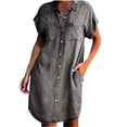 thumbnail image 2 of SMihono Robe Maxi Bohème d'Été pour Femmes Grande Taille Robe pour Femmes Mode Manches Courtes Ajustée Couleur Unie Robe Imitation Denim Robe de Plage Évasée, 2 of 7