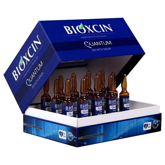 Bioxcin Quantum Hair Serum Sérum Bio Activ 15x6 ml (15x0.20 fl oz) Peptides Bio Activ. l'Image Affiche une Boîte Bleue Étiquetée avec la Marque Bioxcin Quantum, Contenant 15 ampoules à Usage Unique de Sérum Capillaire. le Sérum Présente des Peptides Bio-Actifs et du Biocomplex B11, Formulé pour Nourrir les Cheveux, Réduire la Perte de Cheveux et Améliorer l'Épaisseur et la Brillance. Testé Dermatologiquement pour une Utilisation Sûre et Efficace.
