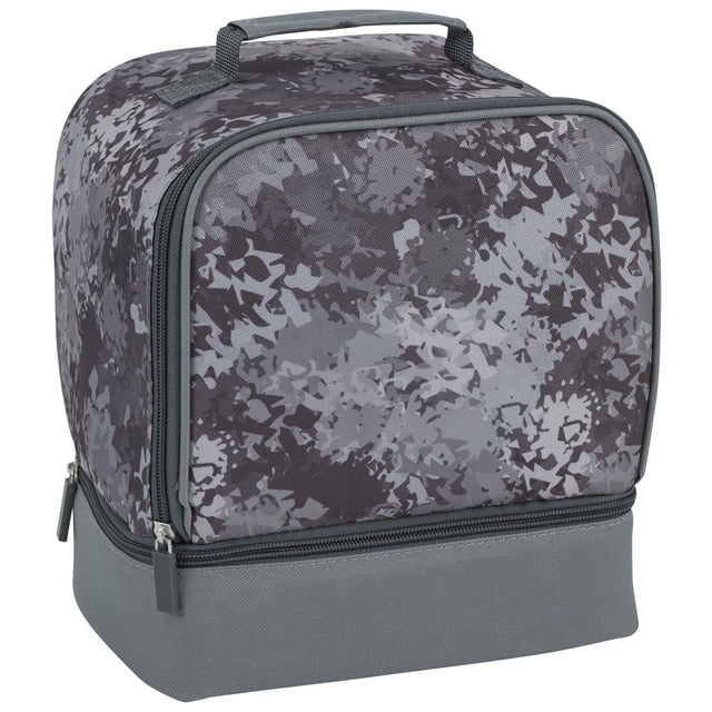 Merangue 2-Compartment Lunch Bag, Grey Camo, front 3/4 view of a square insulated kids' lunch bag with grey camouflage print on the upper section and solid grey bottom compartment. It features two zippered compartments with soft silicone pulls and a top handle, ideal for keeping school lunches fresh and organized, and suitable for playdates or on-the-go snacks.