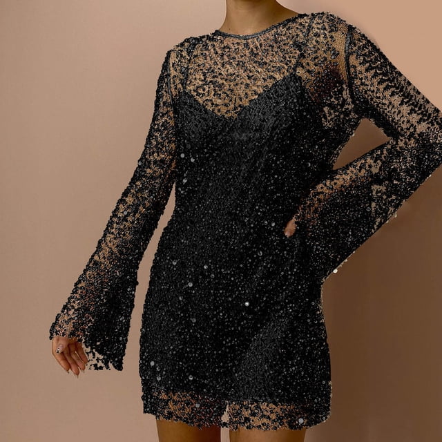 WILLBEST Robes pour Femmes Assemblage Jupe à Sequins pour Femmes Grandes et Petites Perles Robe à Bretelles en Maille Transparente Deux Pièces