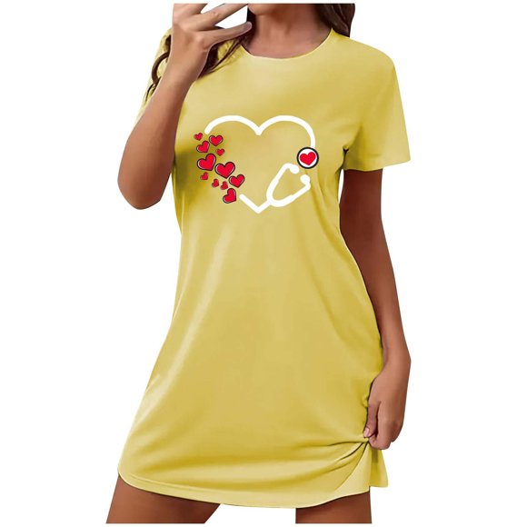Vêtements de Nuit pour Femmes Chemise de Nuit Confortable pour Femmes Manches Courtes Chemises de Sommeil Tenue d'Intérieur Courte Robe de Nuit Mignonne à Motif Robe de Maison Tenue d'Intérieur Chemise de Nuit Jaune P