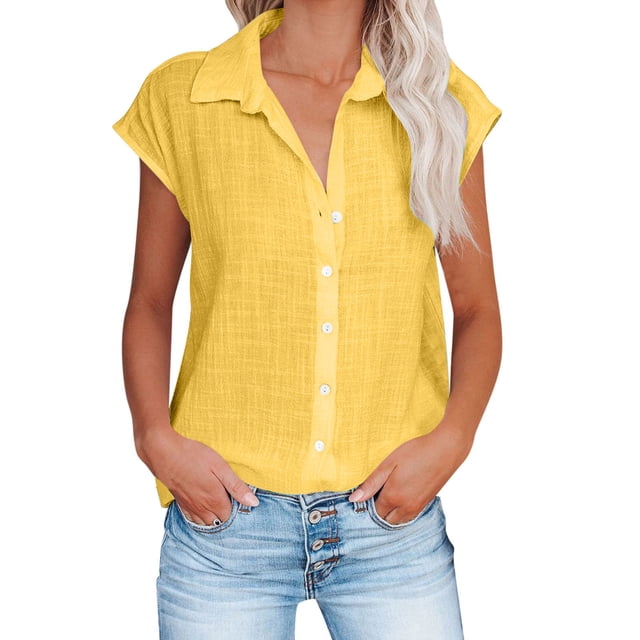 Timegard Hauts Grande Taille pour Femmes Coton Lin Manches Courtes Col en V Boutonné Blouse Décontractée