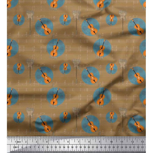 Soimoi Cotton Voile Fabric Notes & Guitar Musical Instrument Print Fabric by the Yard 42 Inch Wide