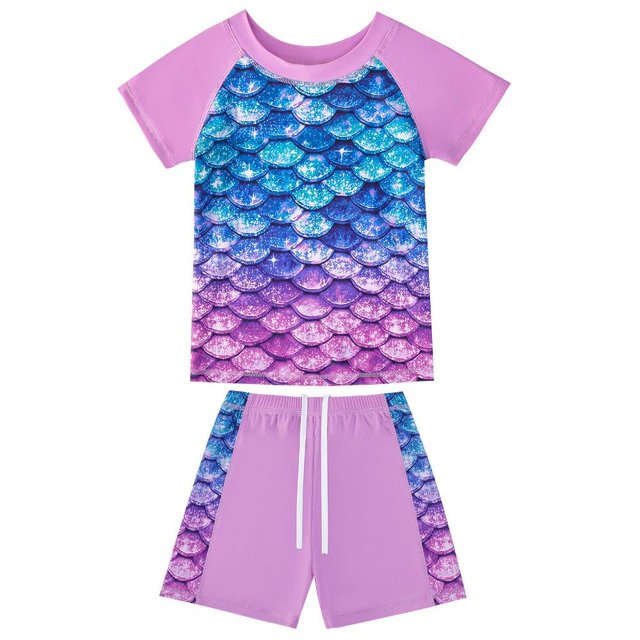 Girls Rash Guard 2-Piece Swimwear Fish Scale Pattern Swimwear Upf 50+ Uv for 4-12Y