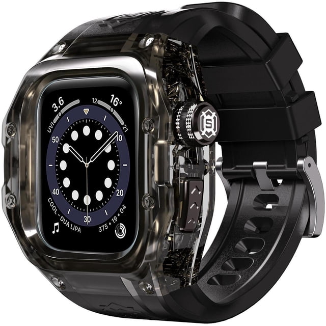 Waterproof Case for Apple Watch Series 10 42mm with a rugged design, built-in screen protector, and textured black silicone band. Made from durable hard PC and TPU materials, it offers impact resistance for drops up to 10 feet. The case features a partially open back for heat dissipation and heart rate monitoring compatibility. It ensures smooth interaction with buttons, screen, and crown, and includes tools for easy installation.