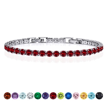 JeenMata 5.5 Carat Round Cut July - Ruby - Birthstone Tennis Bracelet Eternity Design - White Gold Plating, Female, Adult