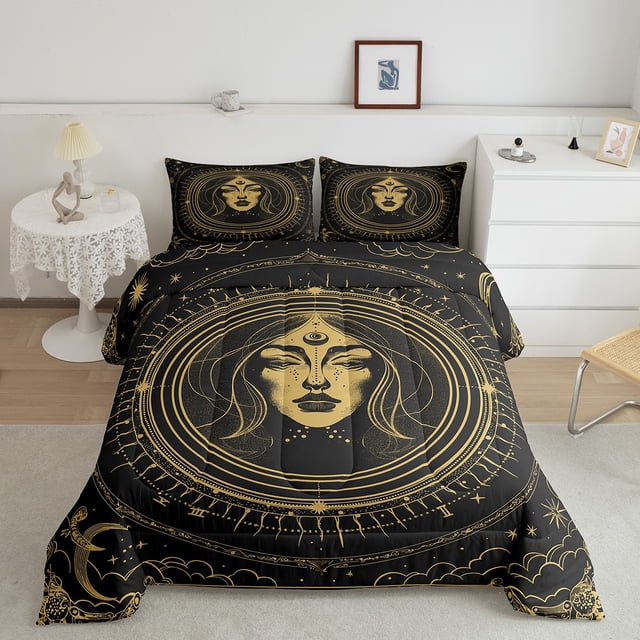 Ensemble de Literie Signe du Zodiaque Vierge Thème Constellation, Ensemble de Couette Format Simple, Style Bohème Occidental Exotique, Ensembles de Couette 12 Horoscopes Astrologie, Insert de Couette Bohème Soleil et Lune Ciel Étoilé Galaxie Courtepointe