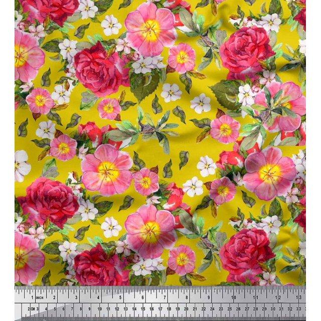 Soimoi Tissu en Velours Feuilles, Clématites & Roses Imprimé Floral 1 Yard 58 Pouces de Large