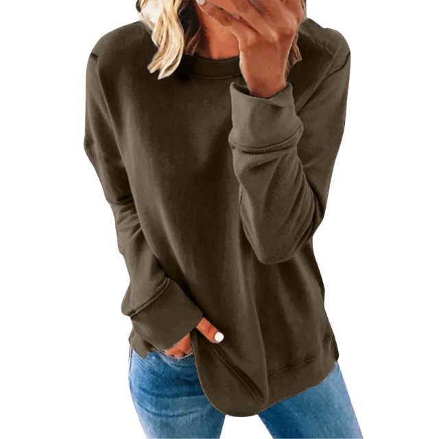 Pxiakgy Chandail Décontracté à Manches Longues pour Femmes Automne Hiver Col Rond Couleur Unie Café + L