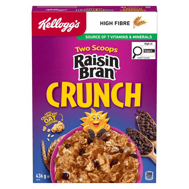 Kellogg's® Two Scoops® Raisin Bran Cereal Crunch 436g box showing front-facing purple packaging with a bowl of cereal containing crispy multi-grain flakes, juicy raisins, and crunchy honey-flavour oat clusters, labeled high fibre and source of 7 vitamins and minerals, with Health Canada sugar content label.