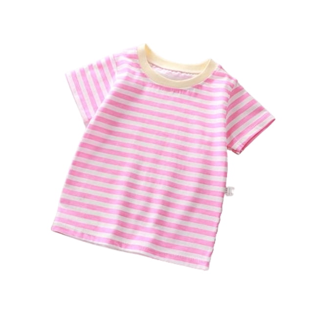 Chemises pour Filles, T-Shirt Graphique à Manches Courtes pour Filles et Garçons, Haut Court à Col Rond, T-Shirt. un T-Shirt à Manches Courtes Format Tout-Petit avec des Rayures Horizontales Roses et Blanches et une Encolure Ronde Jaune. Fabriqué à Partir d'Un Mélange de Tissu Doux et Respirant de 95 % polyester et 5 % Élasthanne, Convient aux Âges de 6 Mois à 8 Ans. Conçu pour une Tenue Décontractée, des Séances Photo Ou des occasions Spéciales comme des Anniversaires et des Réunions de Famille.