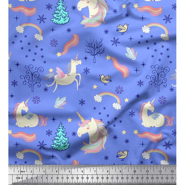 Soimoi Blue Poly Georgette Fabric Unicorn & Rainbow Nature Print Fabric by the Yard 52 Inch Wide