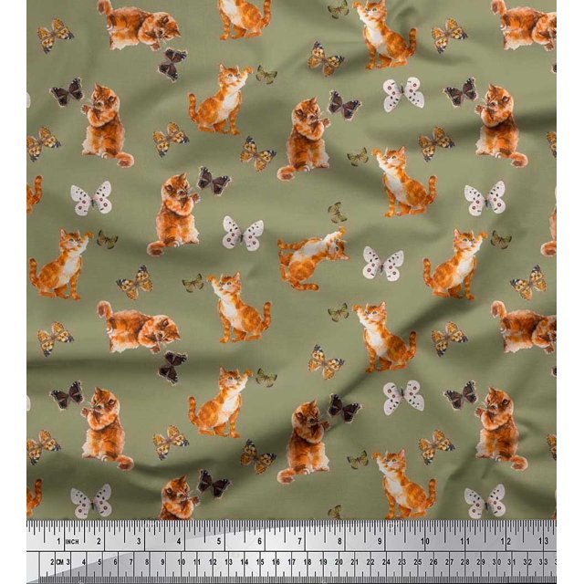 Soimoi Tissu en Soie Vert Imprimé d'Insectes et de Chats, 1 Yard, 42 Pouces de Large