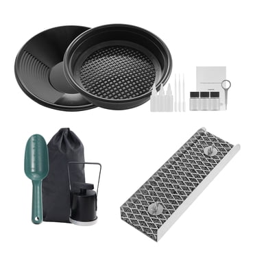 KFFKFF Compact Gold Prospecting Set, 12inch Aluminum Alloy Gold Extraction Tools, 16 Piece Kit Including Gold Pan, Magnet Separator, Classifier Screen, Drawstring Carry Bag and Additional Items