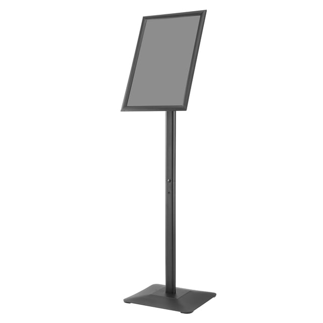 KFFKFF sign stand with an 11 x 17-inch adjustable poster display, shown in a vertical orientation. The black aluminum frame is mounted on a sturdy metal base with a wide, flat design for stability. The stand features a knob-operated mechanism for customizable tilt angles and a PVC protective sheet for durability and weather resistance. Ideal for showcasing menus, signs, or promotional posters in commercial or restaurant settings.