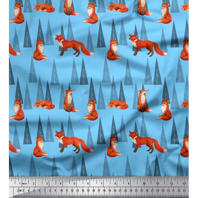 Soimoi Blue polyester Crepe Fabric Artistic Tree & Wolf Animal Decor Fabric Printed Yard 42 Inch Wide