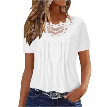 Scyoekwg Womens Tops Dressy Casual Ladies Tops Crewneck Crochet Lace Trim Pleated Tunic Tops Summer Loose Blouses Solid Color Short Sleeve Tops Comfy (White,XL)