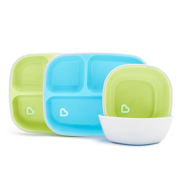 Munchkin Splash Ensemble de Salle à Manger pour Tout-Petit de 4 Pcs avec Assiettes et Bols Divisés en Bleu et Vert, Incluant Deux Assiettes Divisées Antidérapantes avec Trois Compartiments et Deux Bols à Parois Profondes, Sans BPA, Va au Lave-Vaisselle et au Micro-Ondes, Conçu pour l'Alimentation des Tout-Petits avec Rangement Facile pour l'Empilage.