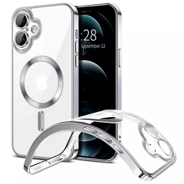 PST iPhone 16 Plus Case, Hybrid TPU Back Cover with Magnetic Wireless Charging (MagSafe Compatible). The case features a transparent, scratch-resistant acrylic back to showcase the phone's original design, with built-in magnets for MagSafe compatibility ensuring secure alignment for wireless charging. It includes raised edges for screen and camera protection, and is rigorously tested for drop protection. Shown in a clear finish with precise cutouts for buttons and ports.