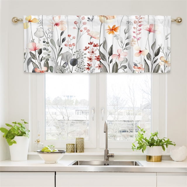 Hxlamzoo Thermal Insulating Short Floral Window Valance Curtains for Bathroom, Kitchen, Cafe Decor - 52x18 Inch, Colorful Flowers Leaves Plants Design