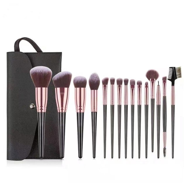 15Pcs Professional Makeup Brushes Set Cosmetic Makeup Kit U2X6 with black handles and rose gold accents, featuring soft synthetic bristles. Includes brushes for foundation, contouring, eyeshadow, eyebrows, and more, ideal for makeup application and blending. Comes with a black storage bag for convenience.