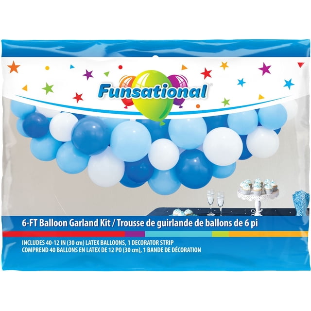 Funsational Balloon Garland Kit with a 6-foot garland of 40 blue and white 12-inch biodegradable latex balloons on a decorator strip, displayed above a table with cupcakes and glasses, ideal for party décor and artificial garland decoration.