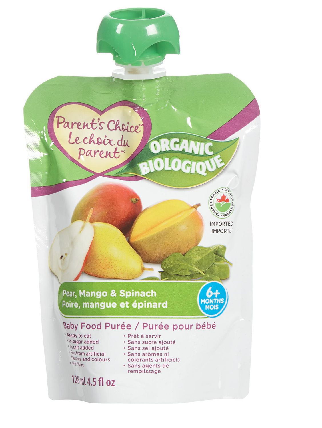 Parent's Choice Organic Pear, Mango and Spinach Baby Food Purée