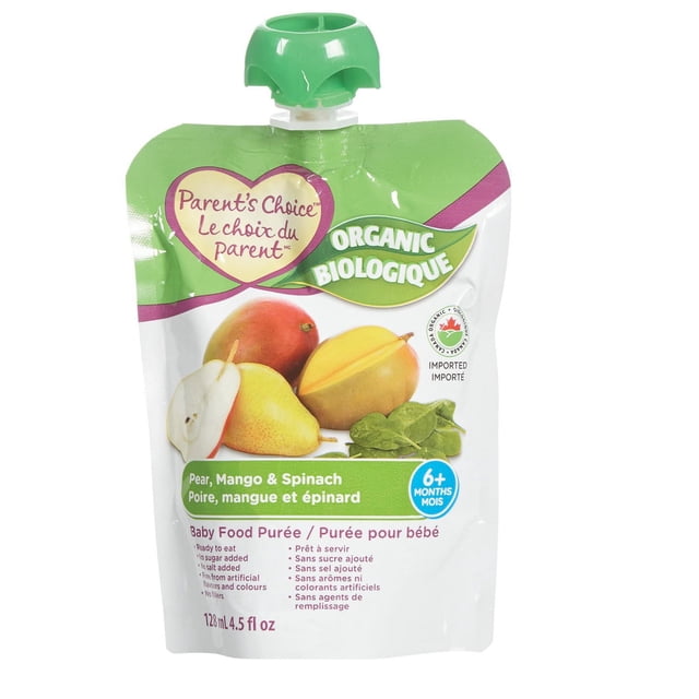 Parent's Choice Organic Pear, Mango and Spinach Baby Food Purée pouch with green twist cap, featuring pear, mango, and spinach images, suitable for babies 6+ months, free from added sugar, salt, artificial flavours, colours, and fillers, 128 ml (4.5 fl oz).