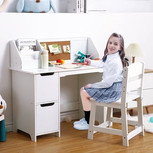 Bureau d'art en bois pour enfants et jeu de chaises – Avec Hutch, tableau d'affichage, armoires de rangement, bibliothèque – Table d'écriture informatique pour l'étude, l'art et le travail à domicile