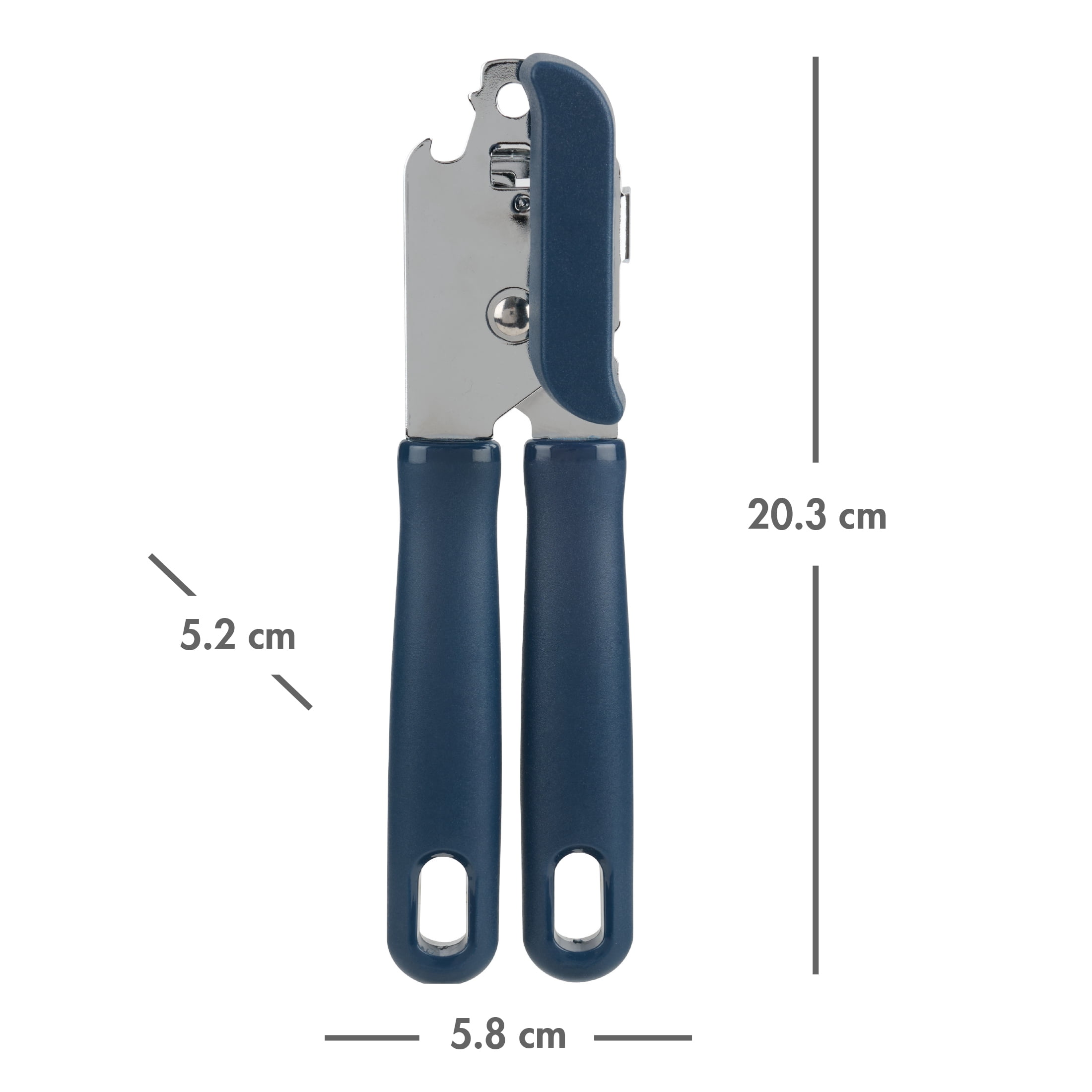 Mainstays Kitchen Manual Can Opener with Integrated Bottle Opener, Ergonomic Handle, 20 cm, Navy
