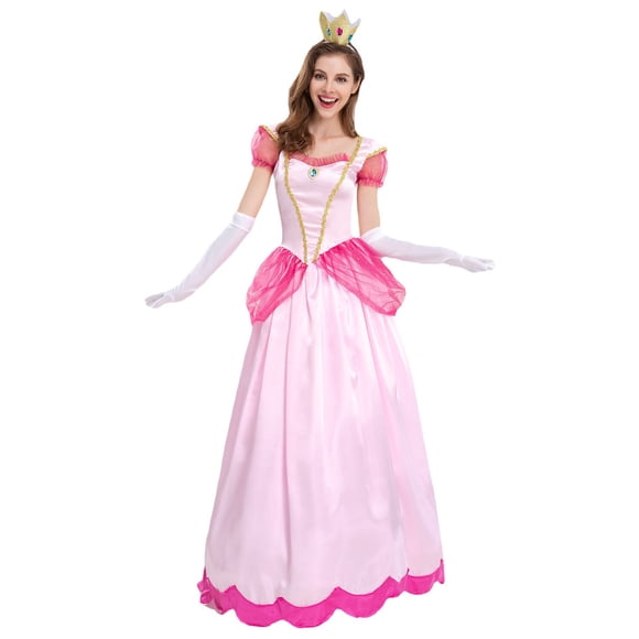 HAWEE Princess Peach Costume with Crown for Women Halloween Cosplay Hot Pink Pageant Peach Dresses