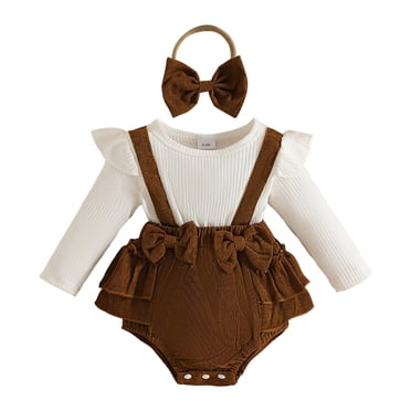 Splozh Cache-Couche pour Bébé Barboteuse pour Bébé Fille Chandail en Dentelle Shorts à Volants Manches Longues Vêtements d'Automne Hiver Brun, 9-12 Mois