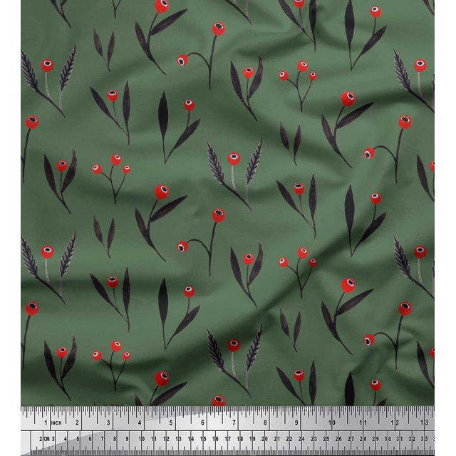 Soimoi Green polyester Crepe Fabric Red Berries & Leaves Print Sewing Fabric Yard 42 Inch Wide