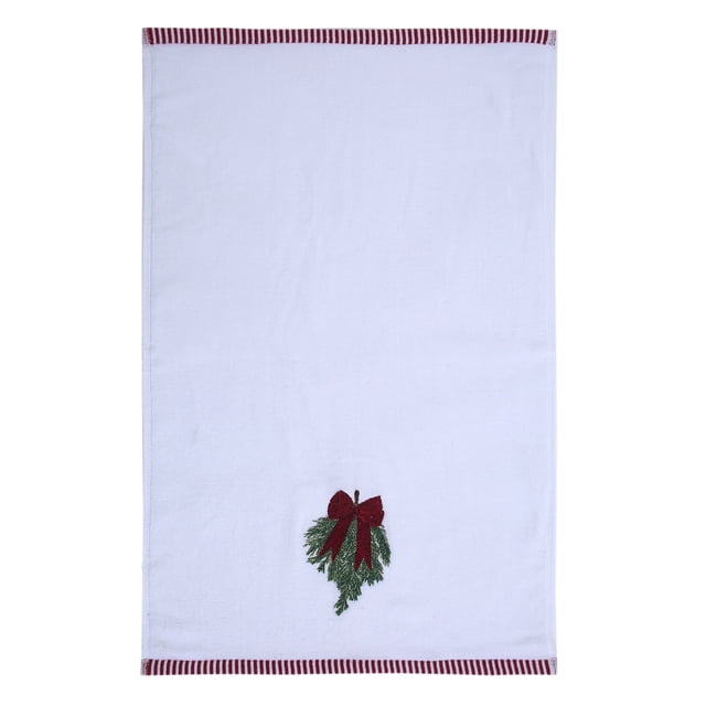 Holiday Time Tree Trimmings Embroidery Hand Towels, 2-Pack featuring white 100% cotton hand towels with red and white striped edges and embroidered green pine sprigs with red bows near the bottom center, perfect for festive kitchen or bathroom decor and everyday use.