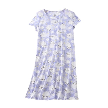 Lcziwo Robe de Nuit en Coton pour Femmes à Manches Courtes, Imprimée Graphique, Confortable et Mignonne, Robe de Nuit d'Été, Violet, TG