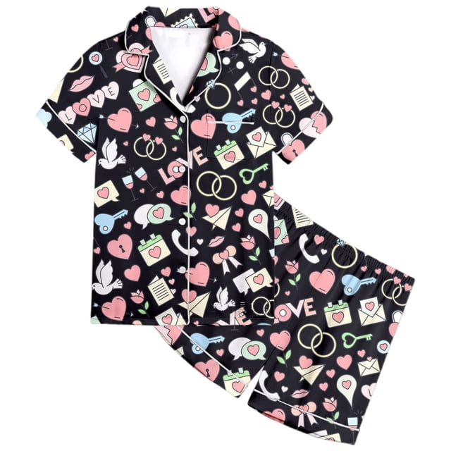 Kids Pajamas Pattern Printed Short Sleeve Button Down Shorts Set Outfits Newborn Girl Clothes Black 2-3 Years