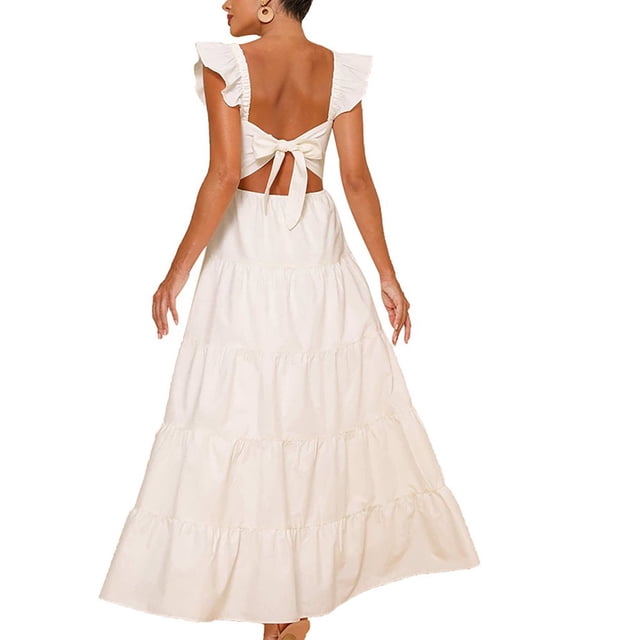 Jusqu'à 60 % de Rabais! pstuiky Robes d'Été Femmes Été Boho Smockées Robes de Plage Sans Manches à Bretelles Florales Fluides à Étages Fête Midi Décontractée Robe d'Été Loisirs Soldes Aujourd'hui Liquidation Blanc