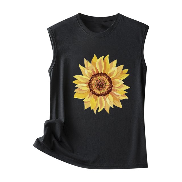 Pompotops Hauts Sans Manches à Col Rond pour Femmes à Imprimé Tournesol
