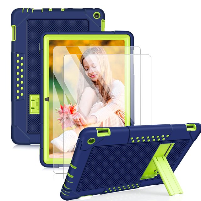 Mignova pour Fire HD 10 Case, Heavy-Duty Drop-Proof Shock-Resistant Rugged Protective Case (avec Support) pour All-New Amazon Fire HD 10 & Fire HD 10 Plus (11e Génération, Version 2021) (Marine/vert+2 Pack)