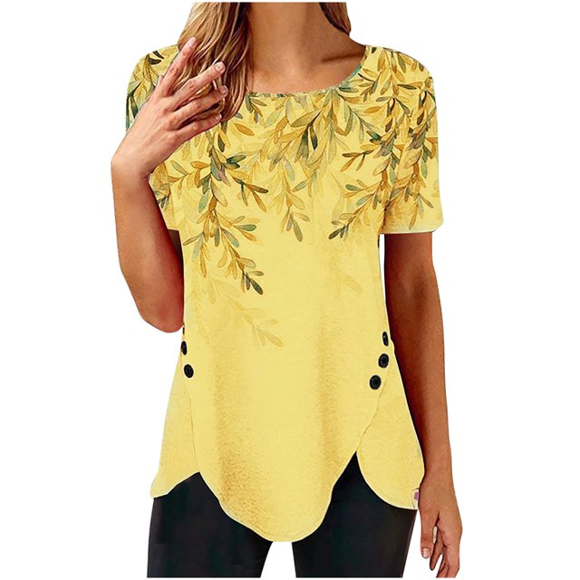 Pompotops T-shirt Ample Imprimé pour Femme, Boutons, Manches Courtes, Blouse à Col Rond, Hauts Décontractés